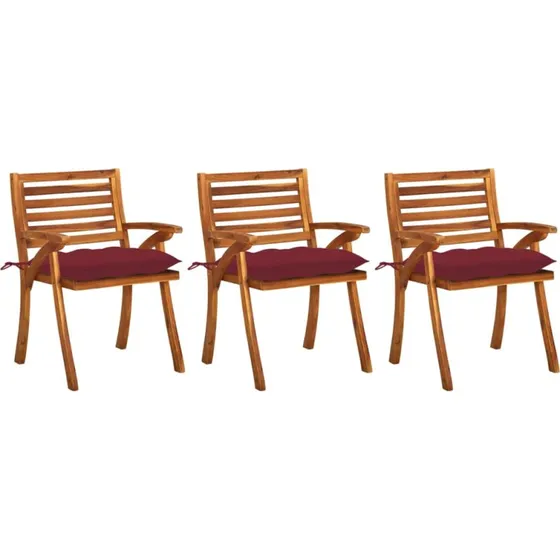 Havestole i massivt akacietræ 3 stk. med hynder – vinrød