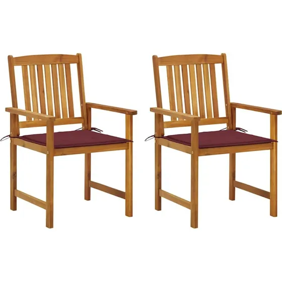 2 stk havestole i massivt akacietræ med hynder (vinrød)