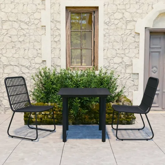 Udendørs spisebordssæt 3 dele i polyrattan og glas, sort
