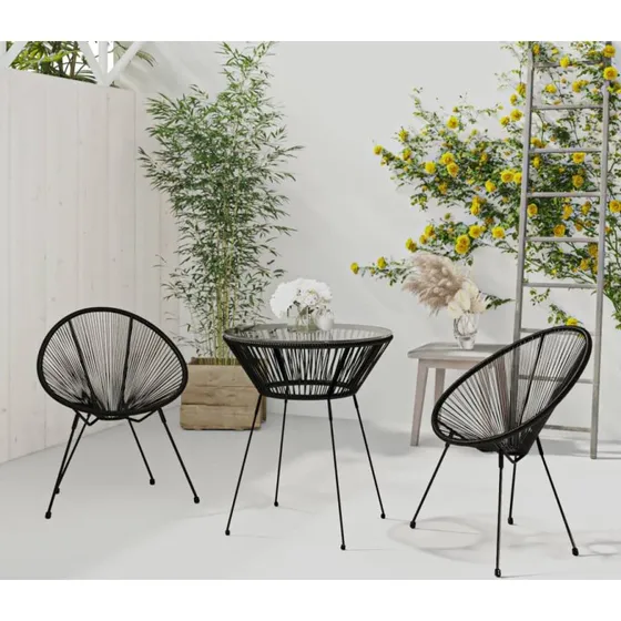 Havemøbelsæt 3 dele i sort PVC-rattan med glasbord