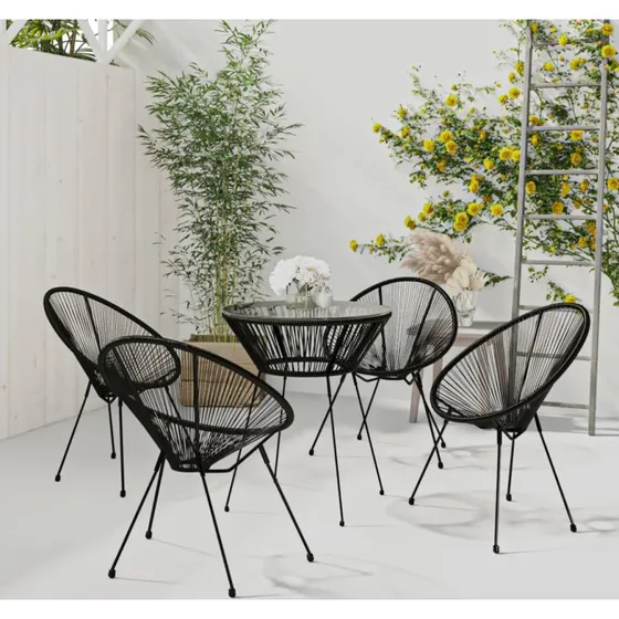 Spisebordssæt til haven 5 dele i sort PVC-rattan