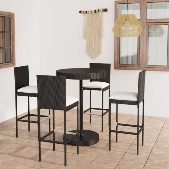 Barsæt til have 5 dele i sort polyrattan med hynder