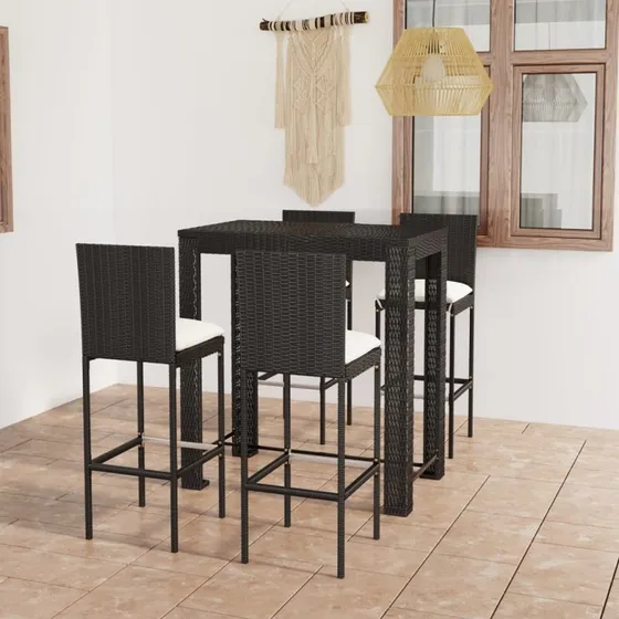 Udendørs barsæt 5 dele i sort polyrattan med hynder