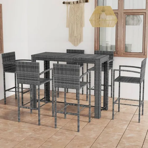 Udendørs barsæt 7 dele i grå polyrattan med armlæn