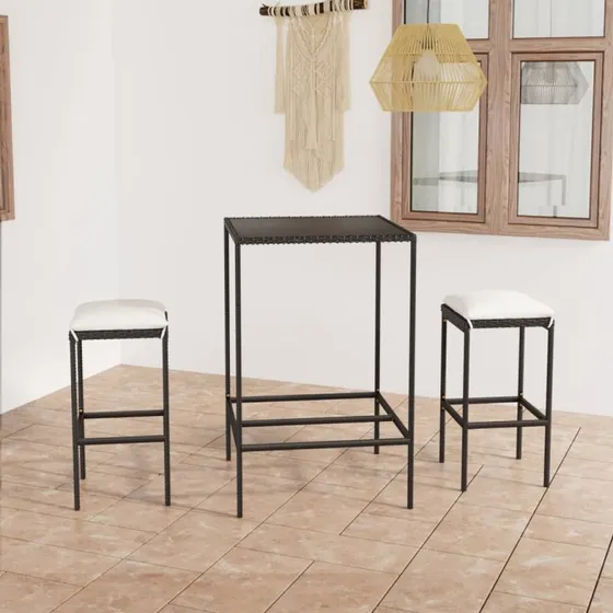 Barsæt til haven 3 dele med hynder - Sort polyrattan