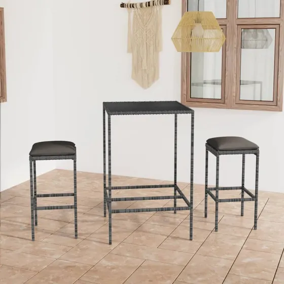 Gråt 3‑delers barsæt til have med hynder i polyrattan