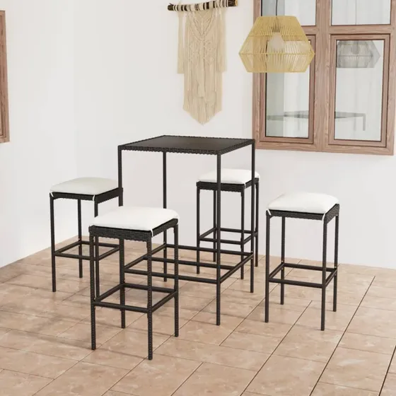 Barsæt til haven 5 dele i sort polyrattan med hynder