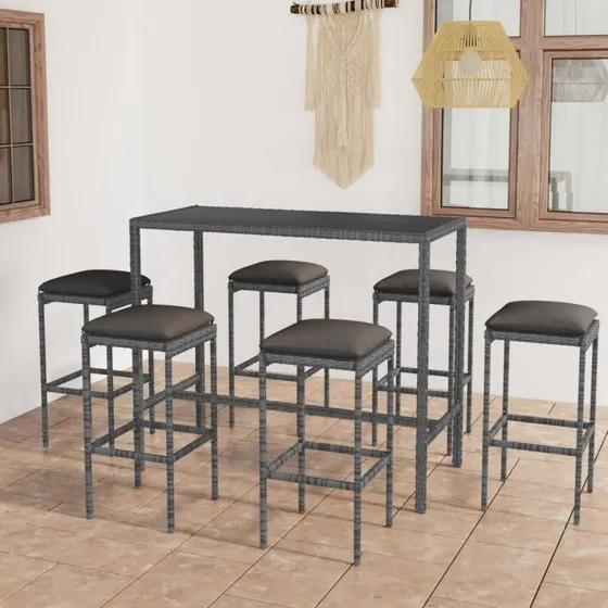 7-dele bar sæt i gråt polyrattan med hynder