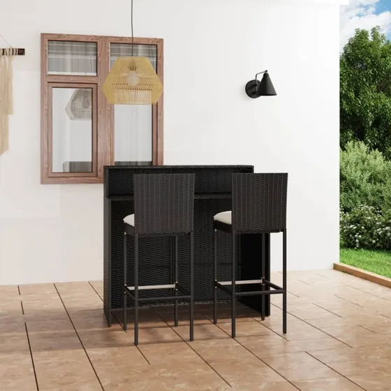 Barsæt til haven 3 dele med hynder – sort polyrattan