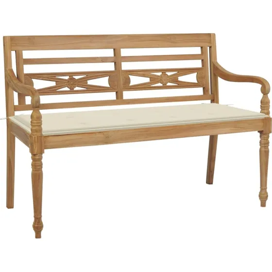Batavia bænk 120 cm i massivt teak med creme hynde