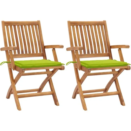 Havestole i massivt teak – 2 stk. med lysegrønne hynder