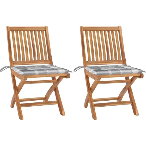 Havestole i massivt teak med gråternede hynder, 2 stk