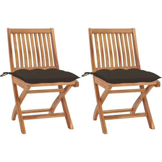 Teak havestole 2 stk. med gråbrune hynder