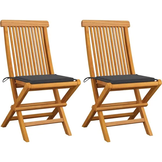 Havestole i massivt teak med antracitgrå hynder, 2 stk