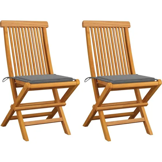 Foldbare havestole i massivt teak med grå hynder, 2 stk