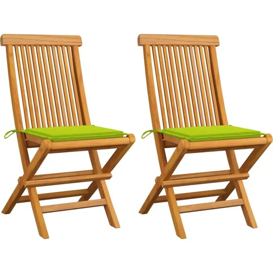 Foldbare havestole i massivt teak med lysegrønne hynder (2 stk.)