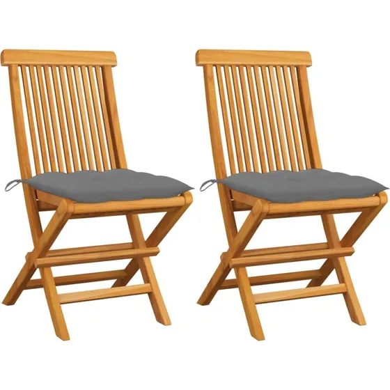 Foldbare havestole i massivt teak med grå hynder, 2 stk.