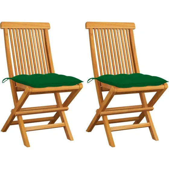 Havestole 2 stk. i massivt teak med grønne hynder