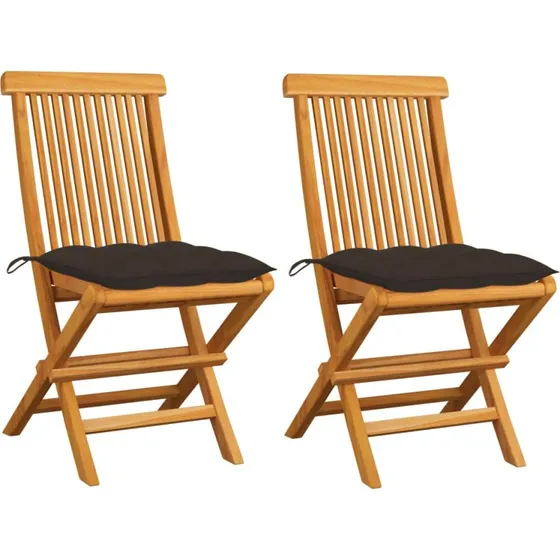 Foldbare havestole i massivt teak med gråbrune hynder (2 stk)