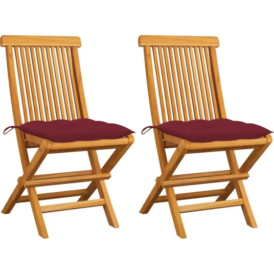 Foldbare havestole i massivt teak med vinrøde hynder (2 stk)