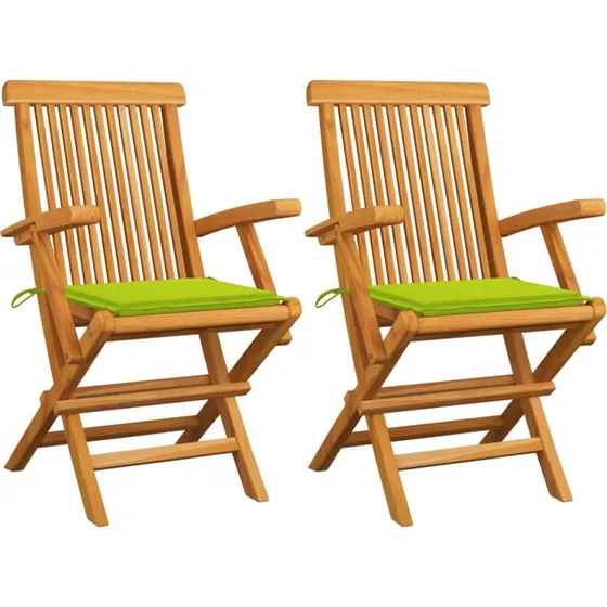 2x Havestole i massivt teak med lysegrønne hynder