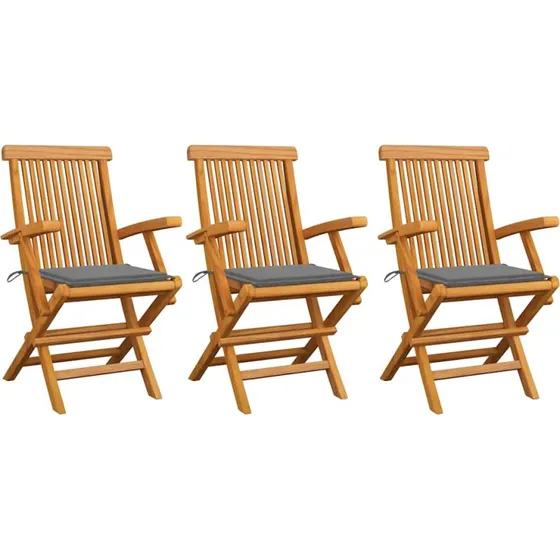 Sæt med 3 havestole i massivt teak med grå hynder