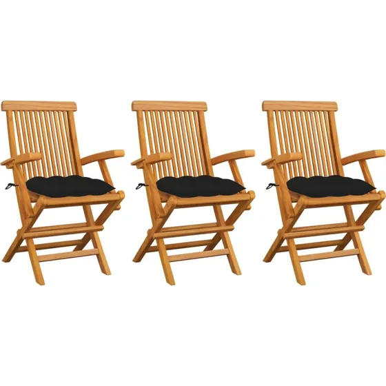 Havestole 3 stk. i massivt teak med sorte hynder