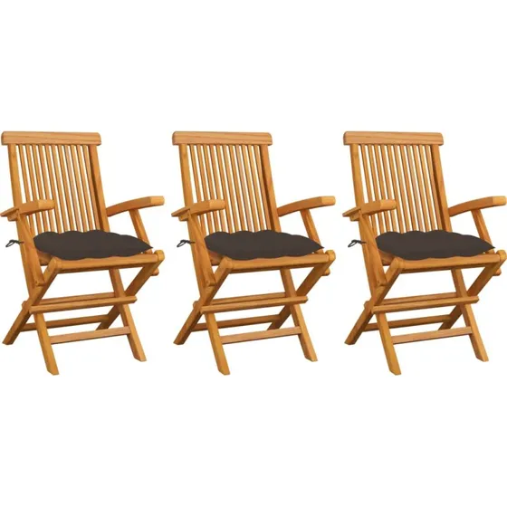 Sæt 3 havestole i massivt teak med gråbrune hynder