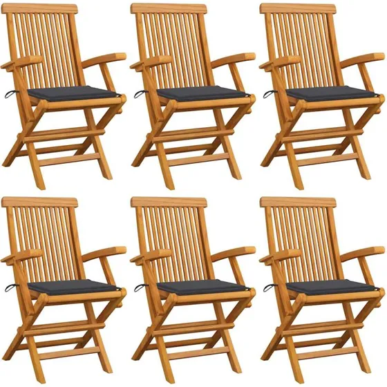 Sæt på 6 teak havestole med antracitgrå hynder