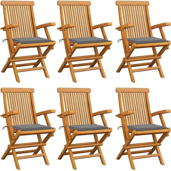 Havestole i massivt teak med grå hynder, 6 stk