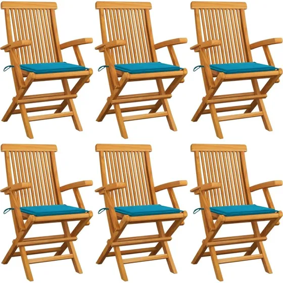 Havestole i massivt teak med blå hynder, 6 stk