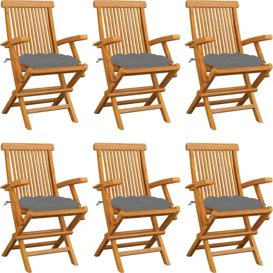 Havestole i massiv teak med grå hynder, 6 stk