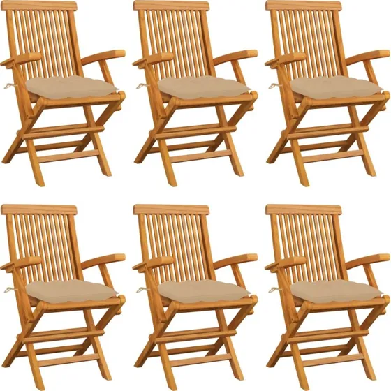 Havestole i massivt teak med beige hynder, 6 stk