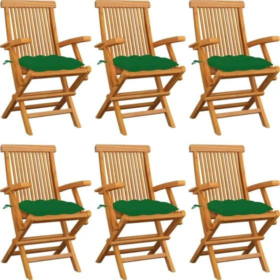 Havestole i massivt teak 6 stk. med grønne hynder