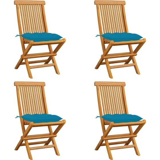 Havestole i massivt teak med lyseblå hynder, 4 stk