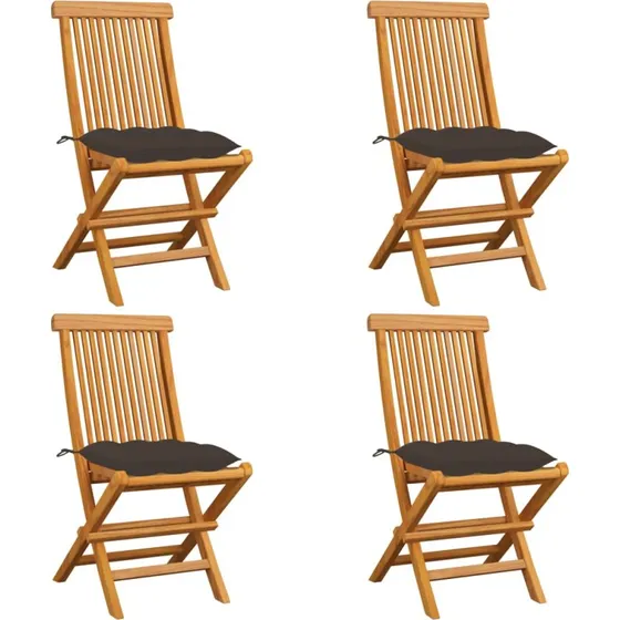 Havestole i massivt teak med gråbrune hynder, 4 stk