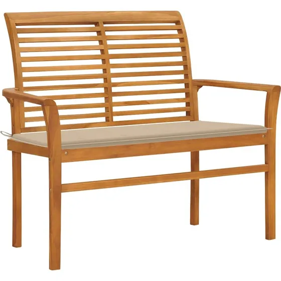 Havebænk i massivt teak med beige hynde 112 cm