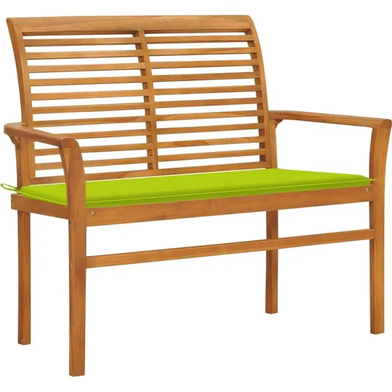Teakhavebænk 112 cm med lysegrøn hynde – massivt teak