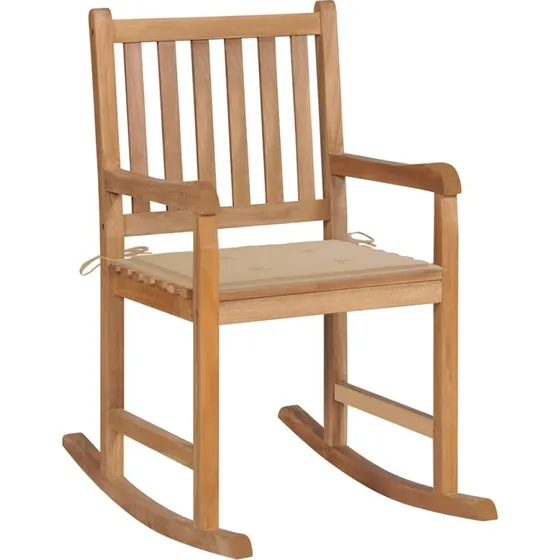 Gyngestol i massivt teak med beige hynde