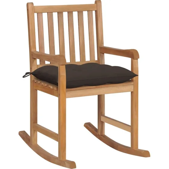 Gyngestol i massivt teak med gråbrun hynde