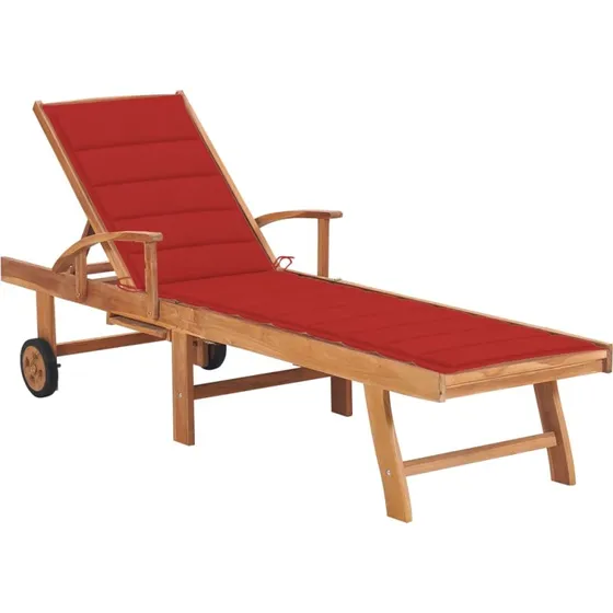 Teak liggestol med rød hynde – klassisk lameldesign