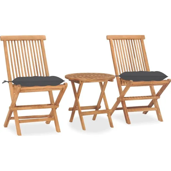 Udendørs foldbart spisebordssæt i massivt teak 3 dele m. hynde