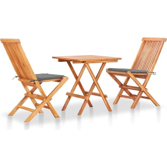 Bistrosæt 3 dele i massivt teak med grå hynder