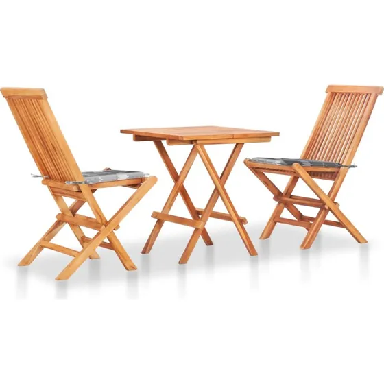 Bistrosæt 3 dele i massivt teak med gråternede hynder