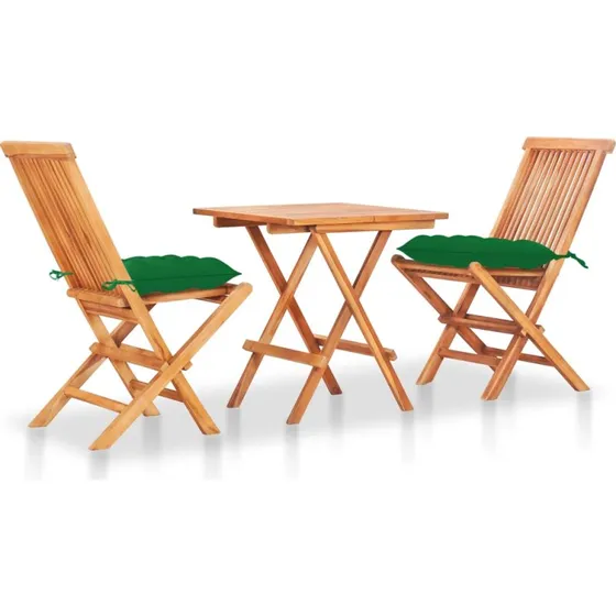 Bistrosæt 3 dele i massivt teak med grønne hynder