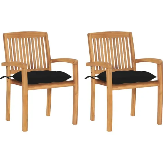 Havestole 2 stk. i massivt teak med sorte hynder