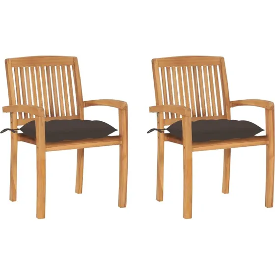 Havestole i massivt teak 2 stk. med gråbrune hynder