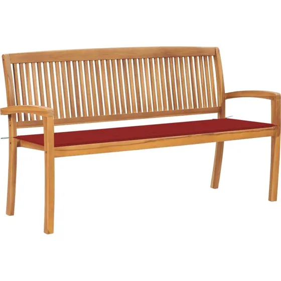 Havebænk 159 cm med hynde — massivt teak, stabelbar