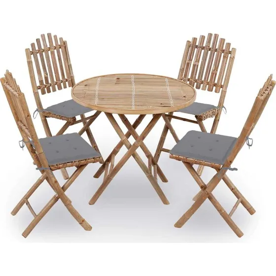 Udendørs spisebordssæt i bambus, 5 dele med hynder