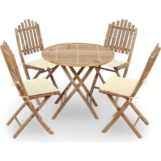 Udendørs foldbart spisebordssæt i bambus, 5 dele m. hynder